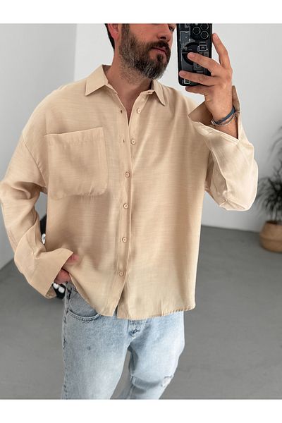 BYBASICMAN Beige Single Pocket Oversize Shirt B-1087