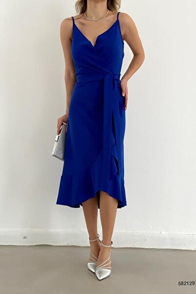 Deafox Saks Blue Flounced Midi öves ruha