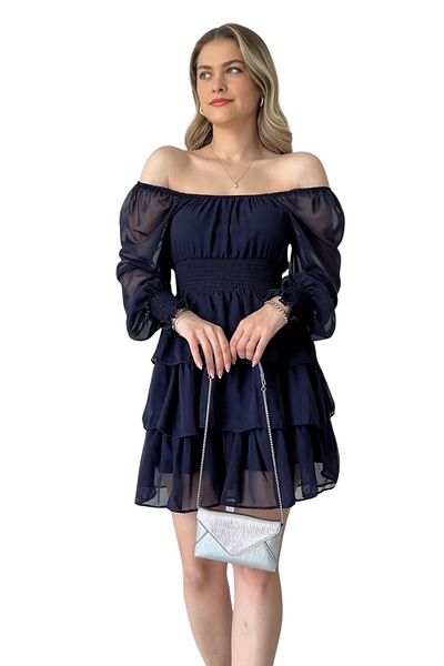 Modasultan Square Neck Gimped Layered Short Chiffon Dress
