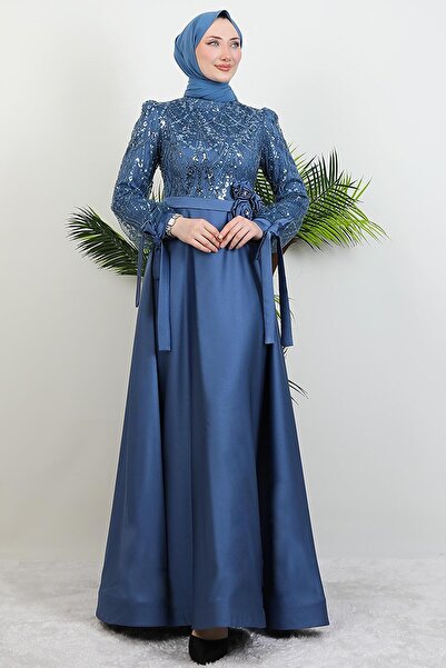 GİYZAMİLA Gül Kemerli Abiye İndigo