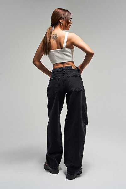 its basic Kadın Füme Renk 10s5-1 Baggy Balloon Yırtık Detaylı %100 Koton Orta Bel Denim Jean