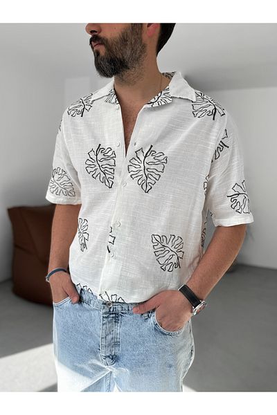 BYBASICMAN White Leaf Embroidered Shirt G-5444
