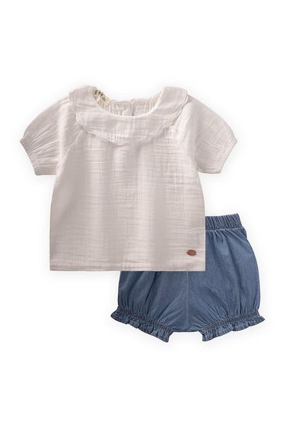 Cigit Baby Collared Denim Shorts Set 0-4 Years Ecru