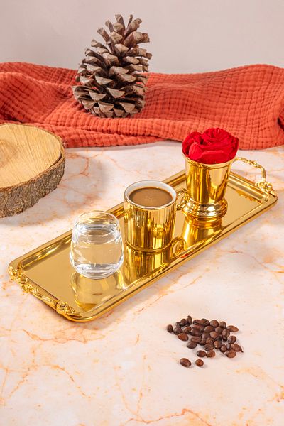 NEWTREND Züccaciye 1 Lux Gold Baton Tray Lina Handle Model Stainless Steel Tea, Coffee, Service Presentation Tray