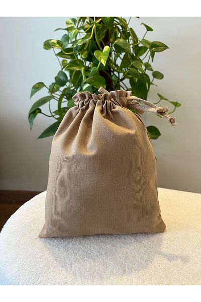 MEKİK BUTİK Beige Linen Cloth Pouch - Drawstring Bag Organizer - Makeup Bag - 20X25