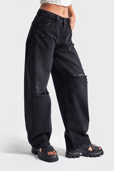 its basic Women Baggy Balloon Ripped Detailed Jeans 100% Cotton Mid Waist