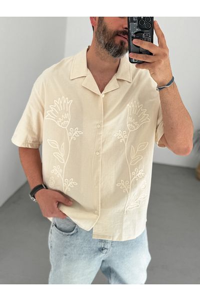 BYBASICMAN Beige Floral Embroidered Short Sleeve Shirt V-40-803