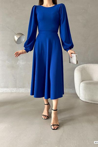 Deafox Saks Blue Balloon Sleeve Crew Neck Basic Midi méretű importált krepp szövet ruha