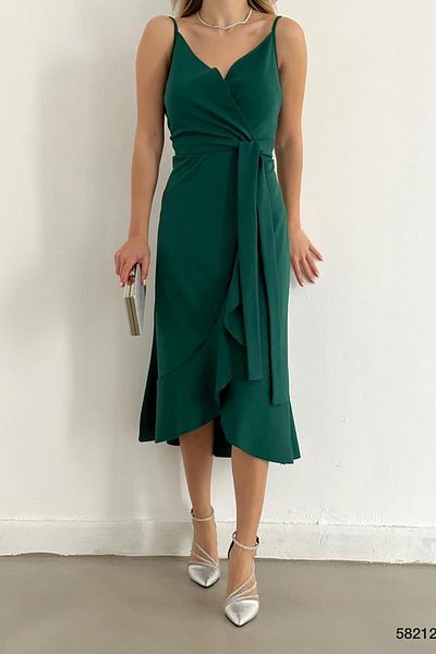 Deafox Πράσινο Flounce Midi Φόρεμα με Ζώνη