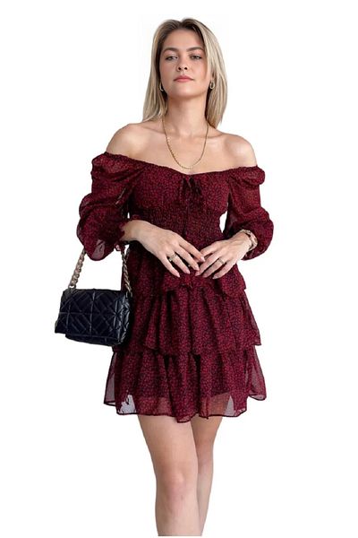 Modasultan Square Neck Gimped Layered Short Chiffon Dress