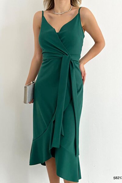 Deafox Πράσινο Flounce Midi Φόρεμα με Ζώνη