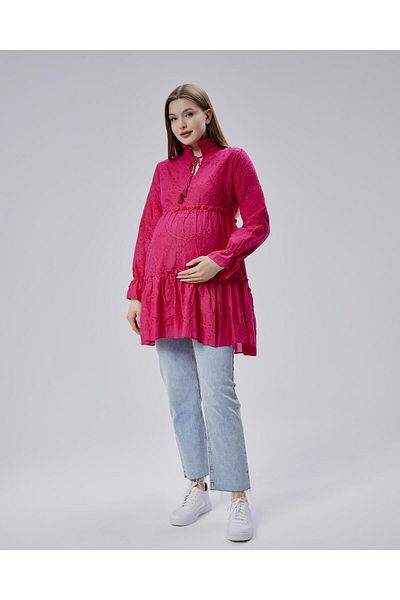Işşıl Işşil 50877-Brode Frilly Judge Collar Maternity Shirt-Tunic