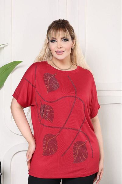 MODA Large Size Gold Stone Leaf Printed Bat Sleeve Blouse Red Jb 20155212