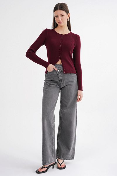 Mixray 6931 Women's Buttoned Ribbed Knitwear Cardigan Claret Red