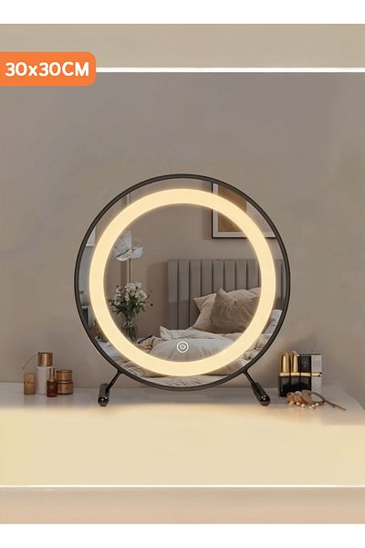 Taimi Round mirror 30cm with 3-colors light and metal Stand Black