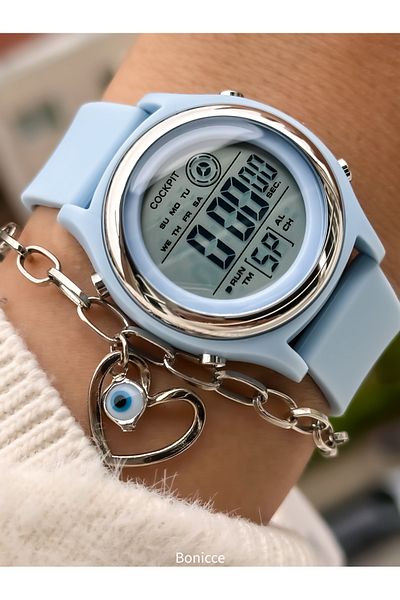 Cockpit Brand Blue Color Silicone Cord, Luminous, Digital Sport Women Wristwatch Bracelet
