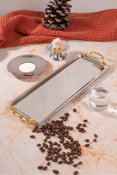 NEWTREND Züccaciye 1Bblux Silver Baton Tray Lina Handle Model Stainless Steel Tea, Coffee, Service Presentation Tray