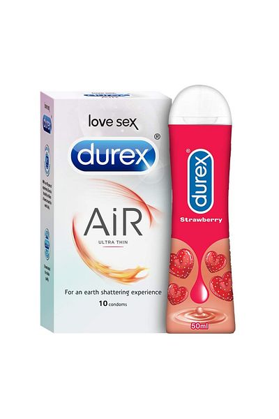 Durex Air Condoms For Men-10 Count With Durex Lube Strawberry Flavoured Lubricant Gel For Men & Wome