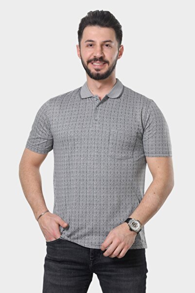 HEDEFNUR TEKSTİL Erkek Baba Açık Gri Tişört Yakalı Cepli Desenli Model Klasik...