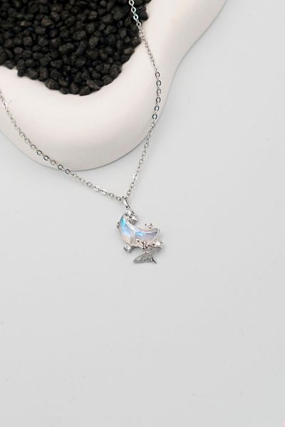 The Collection Tarnish Free Women's Steel Zircon Stone Moon Stone Crescent Butterfly Detailed Necklace