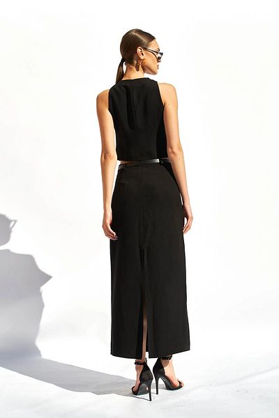 Womengrom Lefon Women's Midi Back Slit Belted Skirt Vest Set