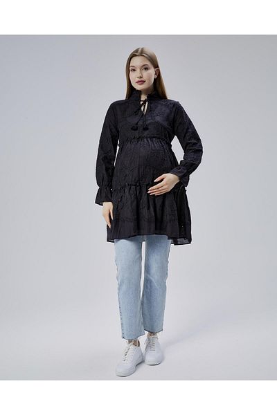 Işşıl Işşil 50877-Brode Frilly Judge Collar Maternity Shirt-Tunic