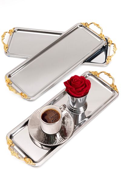 NEWTREND Züccaciye 3-Piece Luxury Silver Baton Tray Lina Handle Model Dessert and Coffee Presentation for Stainless Steel