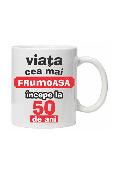 OEM Cană albă personalizată „Viața frumoasă începe la...”, 50 de ani, Inovati...