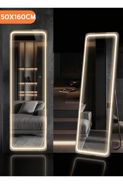 Taimi Large Mirror With Elegant Design,160x50cm, With Front Lighting, Black Metal Frame And Back Stand
