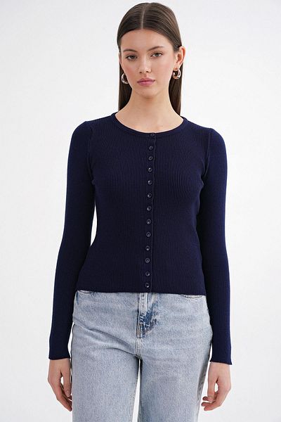 Mixray 6931 Women's Buttoned Ribbed Knitwear Cardigan Navy Blue