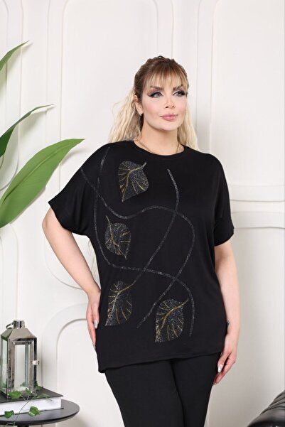 MODA Large Size Gold Stone Leaf Printed Bat Sleeve Blouse Red Jb 20155212