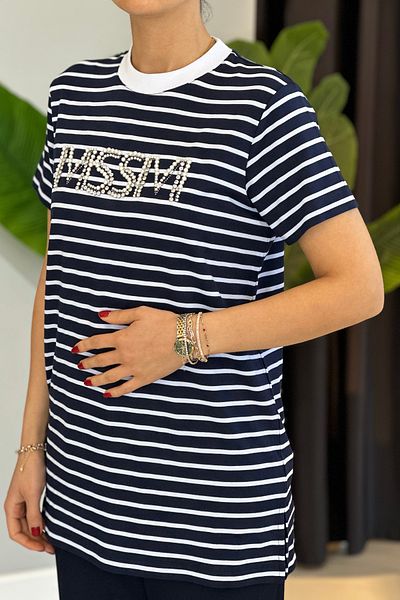 Missemramiss Stoned Striped No 4734 Stoned Tshirt Tunic Navy Blue Colored
