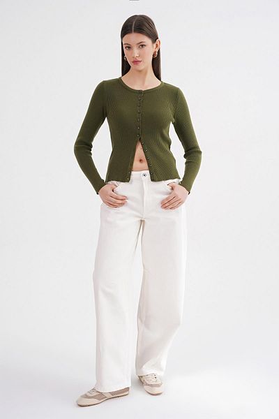 Mixray Women's Corded Knitwear Cardigan Khaki 6931 Buttoned