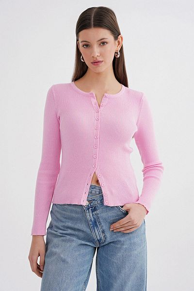 Mixray 6931 Women's Ribbed Buttoned Knitwear Cardigan (Pink)
