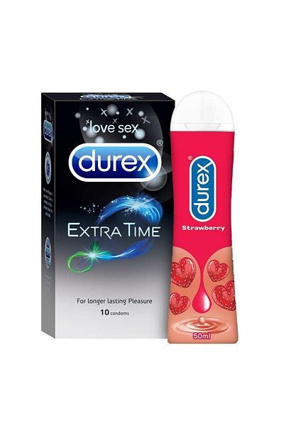 Durex Extra Time Condoms For Men-10 Count With Durex Lube Strawberry Flavoured Lubricant Gel For Men