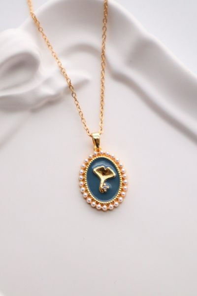 EFBUTİK Stainless Steel Gold Color Vintage Blue Pearl Bouguet Necklace