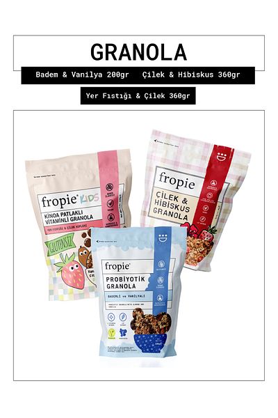 FROPİE Probiotic Almond & Vanilla - Strawberry & Hibiscus - Kids Peanut & Strawberry Cubes Granola Set of 3