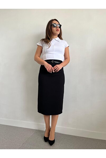 Gizybutik Yırtmaçlı Kemerli Kalem Kumaş Etek