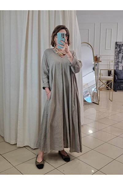 pudubutik فستان طويل من الكتان برقبة على شكل حرف V كبير الحجم من فرو المنك ال...