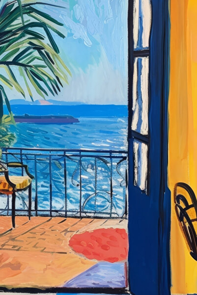 PİTAYA Siyah Çerçeveli Denize Açılan Balkonlar Poster - Tasarım İllüstrasyon Poster Tablo Duvar Dekorasyonu