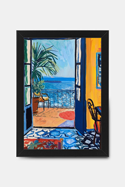 PİTAYA Siyah Çerçeveli Denize Açılan Balkonlar Poster - Tasarım İllüstrasyon Poster Tablo Duvar Dekorasyonu