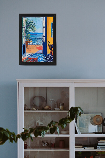 PİTAYA Siyah Çerçeveli Denize Açılan Balkonlar Poster - Tasarım İllüstrasyon Poster Tablo Duvar Dekorasyonu