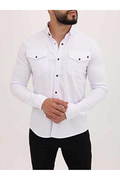 cliento Slim Fit Likralı Erkek Cepli Kot Gömlek Beyaz