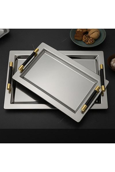 ÖZBURAK Mercan Silver Black 2-Piece Presentation and Tea Tray