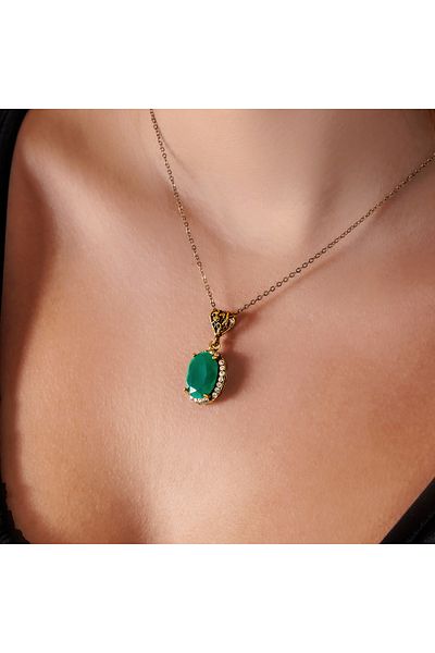 Atelier LEO Handmade Jewellery Kösem Sultan Green Copper Hand Made Zircon Stone No Tarnishing Women's Necklace with Box