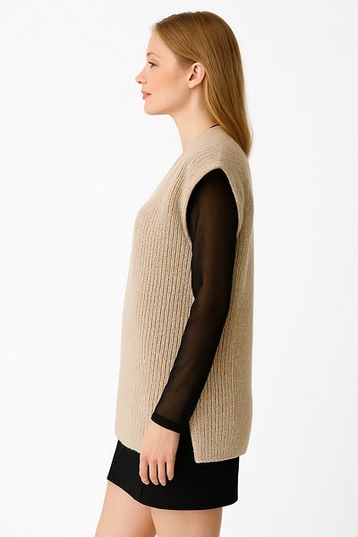 WAPPA Women's V-Neck Stone Sweater Sleeveless Oversize Sweater with Slit