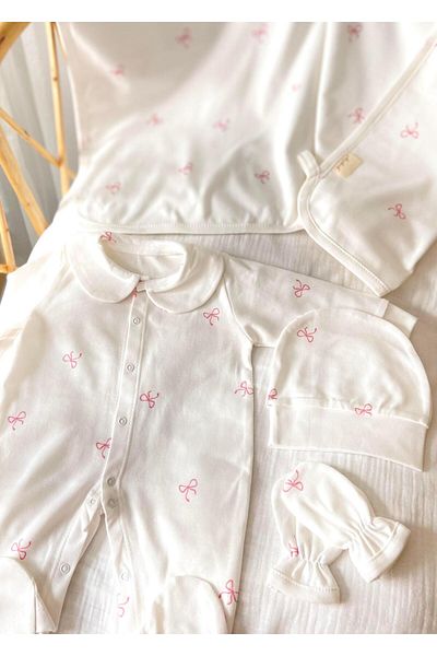 Zezig Pink Bows 4 Piece Hospital Discharge Set 100% Cotton