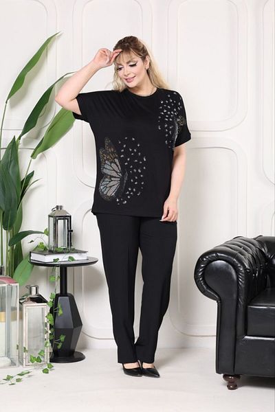 MODA Plus Size Butterfly Stone Detailed Lycra Bat Sleeve Blouse