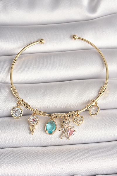 Mu Art Ahşap Brass Gold Color Dangle Zircon Stone Teddy Bear Figure Heart Detail Charm Women's Bracelet