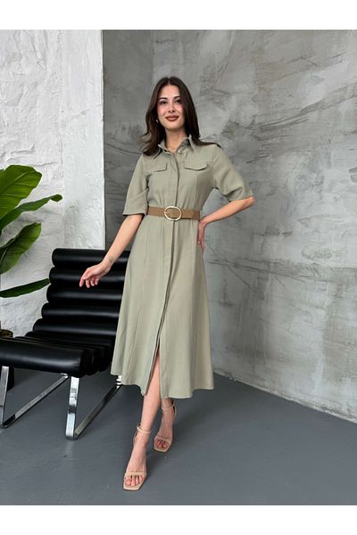 Elif Özbey Butik Κοντομάνικο φόρεμα με λεπτομέρεια χακί τσέπης